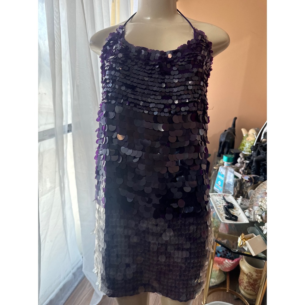Mango Suit Vestido Ibiza Purple Sequin Ombre Halter Mini Dress NWT Large